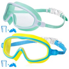 Seago 수영용 아동용 고글 2팩 새지 않는 바깥쪽 눈 핏 넓은 시야 김 서림 방지 자외선 차단 크리스탈 클리어 방수 수영 고글 코 커버 포함 만 3세에서 14세