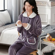 가을과 겨울 산호 양털 잠옷 여성 겨울 패딩 플러스 벨벳 플란넬 홈 의류 겨울 2021 새로운 정장, 보라색 장미 자수 칼라, 1개, L 코드 [높이 158-165 무게 100-110kg]