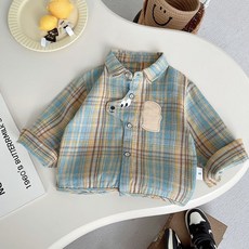 兒童格子襯衫，長袖，翻領，可愛小熊貼布設計