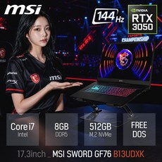 MSI 2025 스워드 GF76 17.3 코어i7 인텔 13세대 지포스 RTX 3050, 블랙, 512GB, 8GB, Free DOS, Sword GF76 B13UDXK (1465)