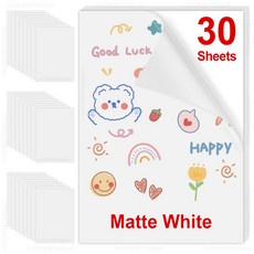 30PK A4 용지 시트 자체 접착 인쇄용 비닐 스티커 용지 DIY 광택 흰색 투명 라벨 스티커 잉크젯 프린터 용, 03 30-White Matte