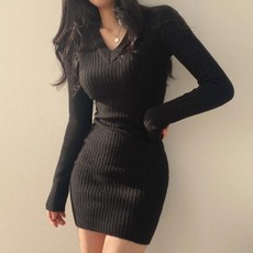 투니스 여성 브이넥 슬림핏 타이트 니트 긴소매 미니 원피스