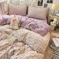 純棉四件套牀單被套，學生宿舍單人床笠, 格紋貓咪,48x74cm枕套一隻