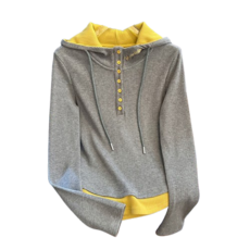 티티웍스 여성 간절기 스판 단추 포인트 배색 골지 레이어드 후드 티셔츠