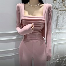 예쁨시전 [투피스] 슬림라인 셔링 스퀘어넥 크롭 나시 가디건 세트