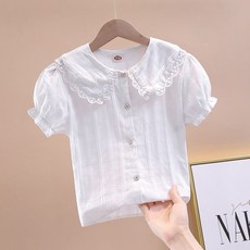 Hi！Kids 兒童短袖襯衫女童娃娃領襯衫 韓版洋氣薄款上衣