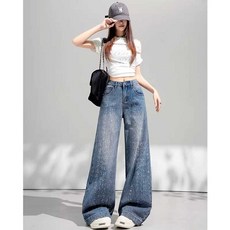 큐빅청바지 진주 스팽글 여성 캐주얼 봄, 1개, S (권장 80 - 95kg)