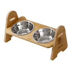 카시안 원목 고양이 높이조절 밥그릇 CN 대나무 강아지 물그릇 애견 애묘 도자기 스텐 식기, 1개, 스텐 2구