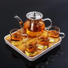 耐熱玻璃茶具套裝 茶壺茶杯茶盤, 1個, 八駿壺+把杯5件套+小茶盤,套裝