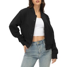 Moreone 여성용 인조 스웨이드 봄버 재킷 크롭 버튼 다운 캐주얼 코트 2026 봄 패션 짧은 대표팀 재킷 블랙. M 293892