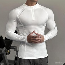 美式運動秋冬白色拉鏈運動健身衣 騎訓練長袖速幹彈力緊身打底衫