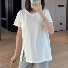 임부복 상의 봄 여름 임산부 솔리드 슬림핏 라운드넥 반팔 티셔츠 빅사이즈 루즈핏 트임 여자 반팔티 WMY