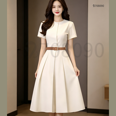 708090 여름용 반팔 A라인 원피스 여성 라운드 미디 드레스