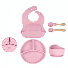 JWJJ 矽膠吸盤兒童餐具, 淺粉色5件套, 1套