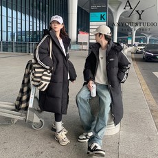 ANYOU 패션 커플 롱 패딩룩 추천 겨울 데일리 빅사이즈 패딩 코트 남녀공용 보온 방한복 방풍 겨울옷 루즈핏 후드 누빔패딩 아우터