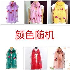 百搭秋冬絲巾 新款刺繡絲巾女秋冬季保暖時尚百搭春秋韓版薄款長條網紗包邊圍巾