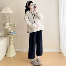 임산부 봄 가을 바지 세트 심플 후드티 + 와이드 팬츠 세트 캐주얼 스타일 YLP