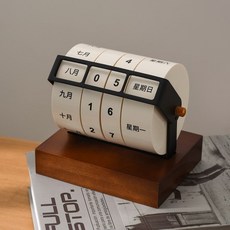 轉輪萬年曆 桌面擺飾 簡約風格 日期顯示 木質底座, 英文版