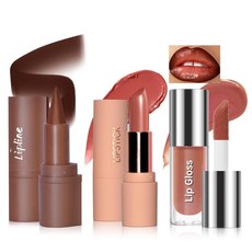 HOSAILY 3피스 립 콤보 세트 다크 브라운 컨투어 플럼핑 라이너 펜슬 모이스처라이징 누드 립스틱 글로스 콤보 고발색 경량 글로시 하이 샤인 키트 메이크업 333609, HOSAILY 3피스 립 콤보 세트, 다크 브라운 컨투