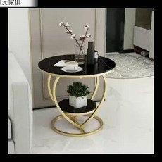 凱元家居 北歐輕奢雙層小圓桌茶幾簡約床邊角幾客廳家用沙發邊幾休閑巖板桌, 40*50黑色+黑金 心相印款,整裝, 1個