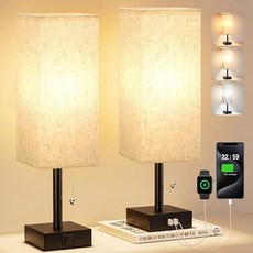 침실용 침대 옆 테이블 램프 2종 세트 - AC 콘센트 충전 포트가 있는 소형 직사각형 스탠드 램프 전구가 3가지 색상 온도 책상 조명 거실/숙소/사무실용 테이블탑 독서등, Cream & Black_14.7In