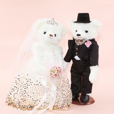 小熊家族 35cm婚紗泰迪熊 B 組 黑西裝亮片白紗 附小熊傳情手提袋及禮盒 婚禮小熊 四肢可活動, 1個, 不須繡字