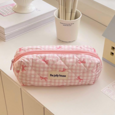 모란코 리본 체크 패브릭 천 필통 파우치, 1개, 연핑크(체크)