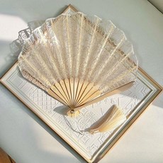 新品 香檳色刺繡玫瑰蕾絲小扇子貝殼扇淑女漢服旗袍扇新中式扇女扇 副廠商品, 1個, 刺繡玫瑰蕾絲貝殼扇