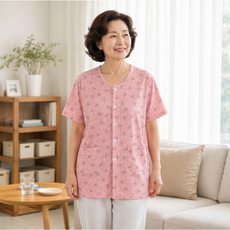 중년 여성 순면 꽃무늬 홈웨어 여름 얇은 단추식 개방형 반팔 티셔츠 어머니 할머니 편안한 잠옷 상의