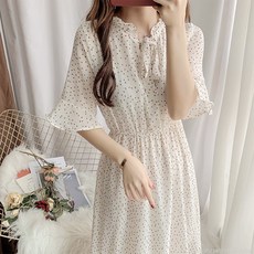 라오농 여자 반팔 플라워 쉬폰 원피스 V넥여성스러운 선녀 스커트 프릴 빅 스커트+KII01X