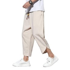 DOSLAVIDA 남성용 캐주얼 신축성 허리 리넨 카프리 팬츠 와이드 레그 배기 면 하렘 요가 바지 루즈 패치워크 반바지 단색 베이지 159759