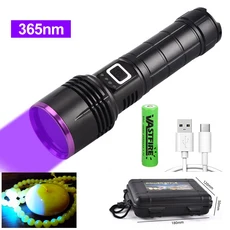365nm UV 고출력 자외선 손전등 USB 충전식 블랙 라이트 토치 경화 돈 광석 전갈 검출기, 01 No Battery, 01 고정 초점, 01 검정색