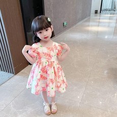 潔白 女童雪紡短袖碎花連衣裙
