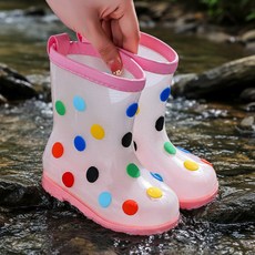 兒童防水雨靴 彩色圓點設計 粉紅色