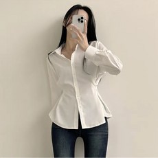 투니스 여성 단색 사이드 단추 슬림 웨이스트 카라넥 긴소매 셔츠