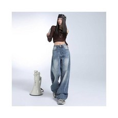 寬鬆運動直筒長褲女款：闊腿工作褲、工裝褲，低腰水洗做舊大碼休閒防風耐磨登山褲, M建議體重45-55kg, 復古藍