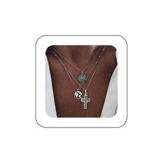 Iaceble 고딕 레이어드 터키석 초커 목걸이 실버 지도 목걸이 체인 십자가 펜던트 목걸이 세공 십자가 목걸이 에스닉 터키석 목걸이 여성용 주얼리 아연 보석 없음
