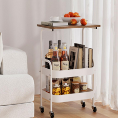 Fahomiss 이동식 트롤리 사이드 테이블 철제 수납 카트 다용도 선반, 화이트, 3단