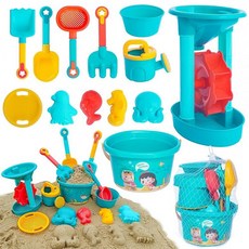 LaughLoot 3-12세 아동용 해변 장난감 모래 버킷 2개 체 물뿌리개 모래시계 모래 몰드 4개 삽 2개 갈퀴 메시 백 유아용 샌드박스 장난감 포함, 모래 장난감 13개