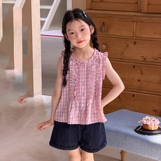 女童格子背心 木耳花邊無袖上衣