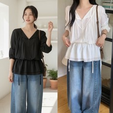 핏몬 여성 루즈핏 브이넥 셔링 리본 롱 블라우스
