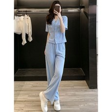 夏天套裝 小香風套裝 短袖套裝 藍色小香風套裝女夏季時尚減齡洋氣休閒運動闊腿褲兩件套 韓國女裝 顯瘦套裝 女生