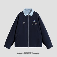 美式徽章裝飾復古寬松水洗做舊兩面穿翻領夾克外套 男女款長款運動工裝夾克