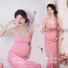 오네어 만삭사진옷 슬림 컨셉 임산부 크롭 드레스 주수사진 촬영 의상 프리사이즈, 로즈핑크 캐미솔 스커트 45~75kg