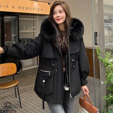 크레스티 여성 루즈핏 털 카라 후드 점퍼 겨울 캐주얼 보온 기모 집업 코트