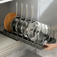 모드무드 무타공 슬라이딩 폭조절 후라이팬 정리대, 1개, 블랙, 1단