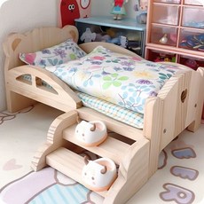 15cm 20cm 무독성 연예인 솜깅이 베개 이불 나무 침대 침구 가구 솜인형 세트, 20cm 솜인형 적용, 인형 침대+연꽃 피는 3종 세트