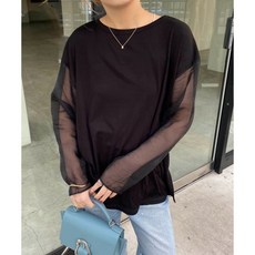 Yellwel 여성 긴팔 기본 티셔츠 여름 라운드넥 그물망 배색 티셔츠 DJP