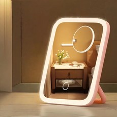아트박스/디자인에버 터치링 LED 조명 거울 라운드 메이크업 화장대 세로형, 핑크