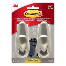 Command 2.3kg5파운드 대형 브러시드 니켈 금속 후크 코트 후크 2개 및 스트립 4개 접착제가 있는 손상 없는 걸기 가정 및 방 장식에 적합 163183